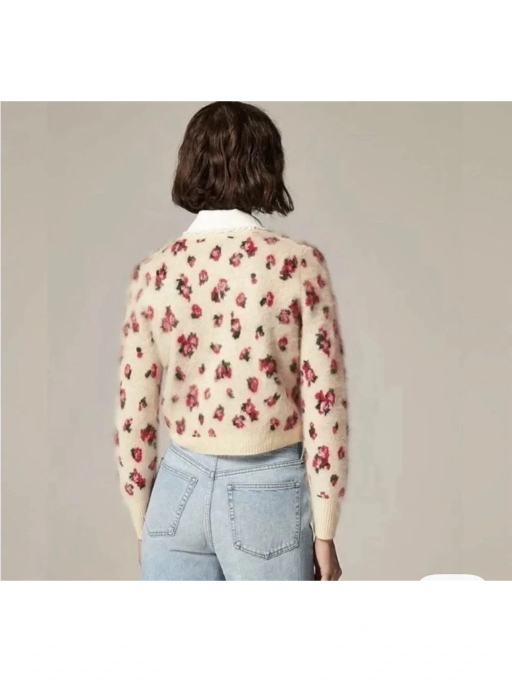 J. Crew Cream Floral Cropped Button-Up Cardigan with Pink Rose Print.